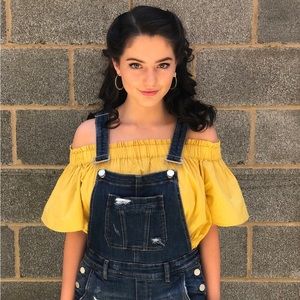 Mustard BP crop top (off the shoulder, ruffled)
